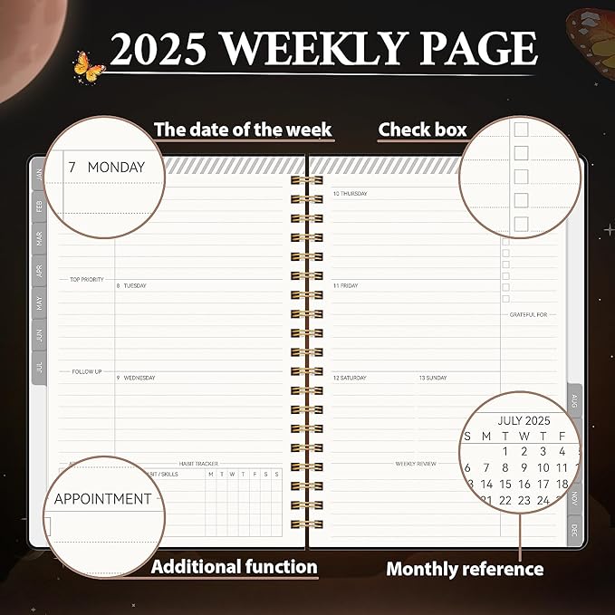 2025 Planner Weekly & Monthly Agenda Book, Daily Planner Hardcover, 2025 To Do List Notebook with Monthly Tabs, Pocket, Spiral Bound, Elastic Closure, Thick Paper(7.5 * 10.2) Butterfly