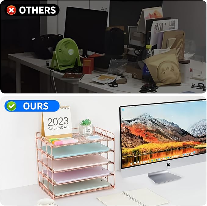 5 Tier Mesh Paper Letter Tray Organizer, Desktop Office Supplies Organizer for Desk, Desk Organizers and Accessories (Rose Gold)