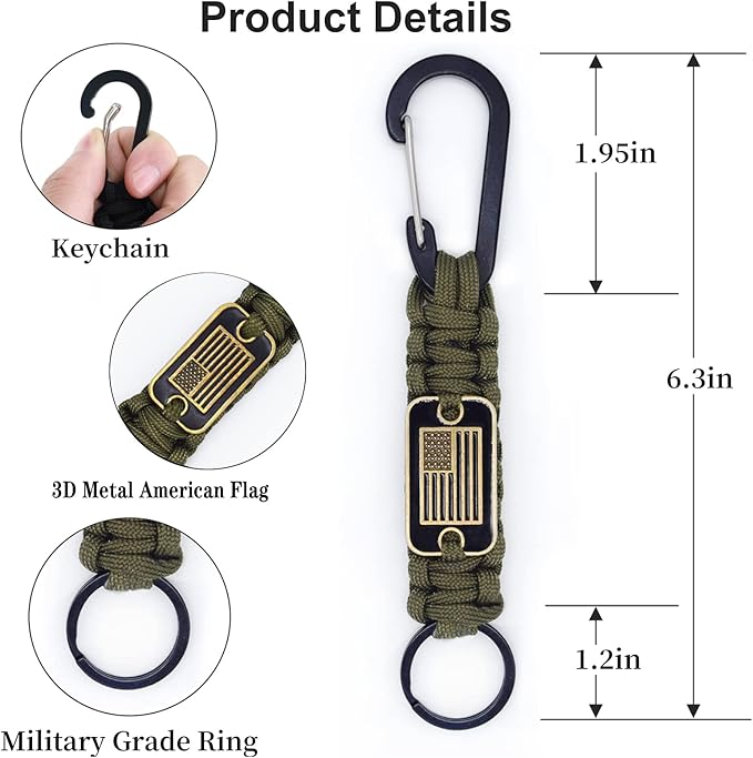 Paracord Keychain with USA Flag, Paracord Carabiner Keychain Clip, Braided Lanyard Utility Ring Hook Outdoor Camping Kit