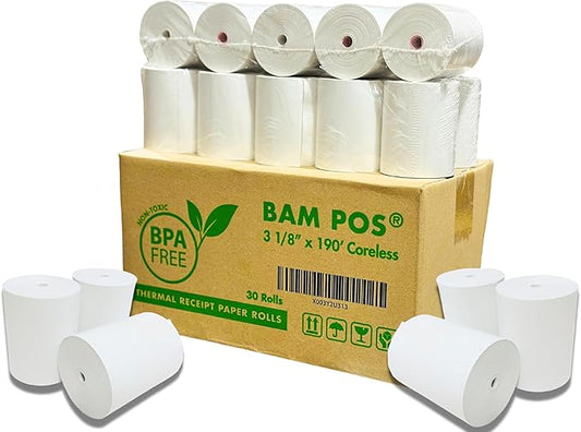 3 1/8 x 190 Thermal Receipt Paper Rolls For Most POS Systems and Receipt Printers, Compatible With Clover Station, Square Station, Toast Station, TM-T88, TSP Series (30 Rolls)