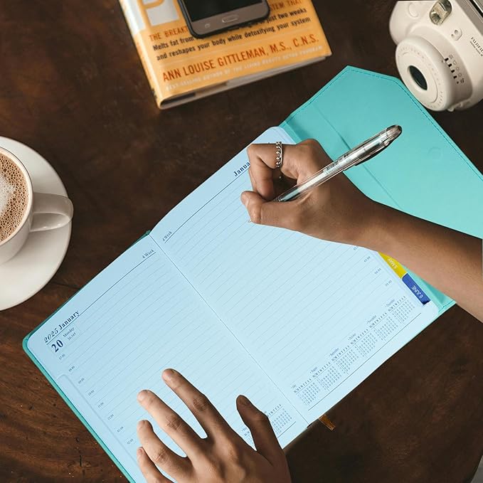2025 Daily Monthly Planner - Calendar, January - December 2025, 100GSM Thick Paper, Leather Cover, Planner with Hourly Schedule,6.1" x 8.2", Daily Inside Page - Monthly Inside Page, Pen Holder, Bookmarks (lake green)