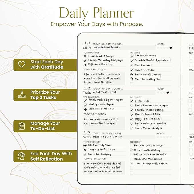 2025 Planner, Daily Journal & Gratitude Journal All-In-One with To Do List, Self Care Prompts & Habit Tracker - 5.8 x 8.3 - Midnight