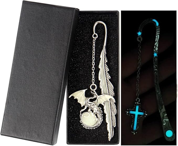 2 Pack Vintage Feather Bookmark, Unique Glow in The Dark Bookmark Gift, Birthday Gifts Teacher Christmas Gifts for Women Christmas Stocking Stuffers(Dragon & Cross)