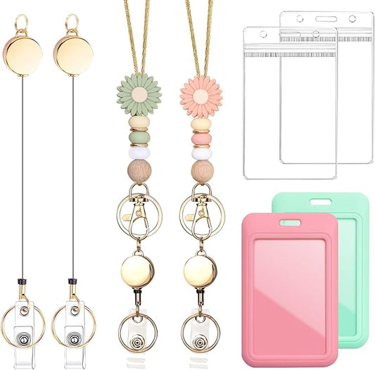 Colorful ID Badge Holder with Silicone Beads Lanyard Set,Cute Teacher Breakaway Lanyard for Keys & Keychain with Cute Retractable Badge Reel Holder,Gift for Women,Nurse, Teacher. (Daisy 3)