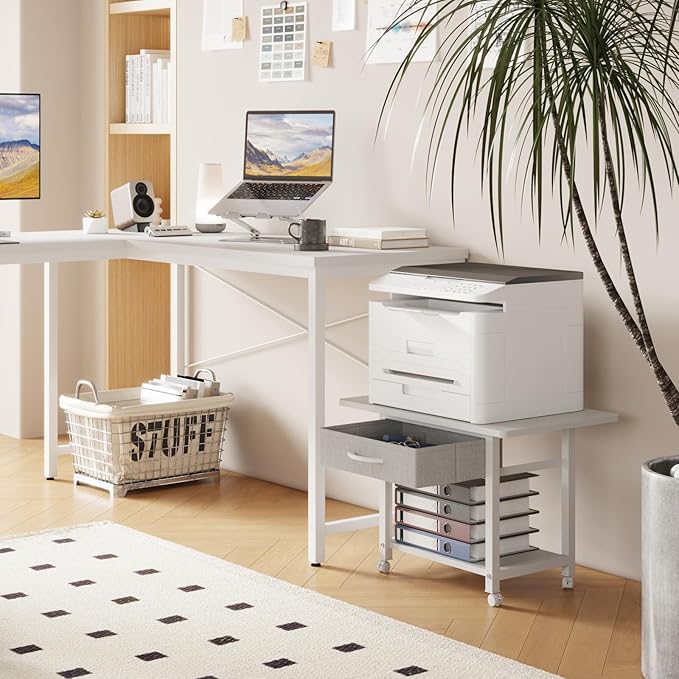 22"x15" Large Printer Stand with Storage Drawer, 2-Tier Under Desk Printer Table for Home Office, Printer Cart fit Fax Machine/3D Printer/Scanner(White)