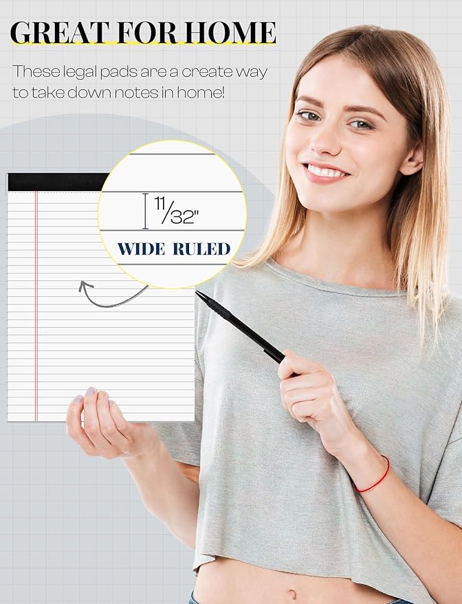 12 Pack Note Pads 8.5 x 11 White Legal Pads 8.5 x 11 Wide Ruled Lined Writing Pads Legal Notepads Legal Ruled White Lined Paper Pads 8.5 x 11 Inch 30 Sheets Per Writing Pad for School, Office, Home