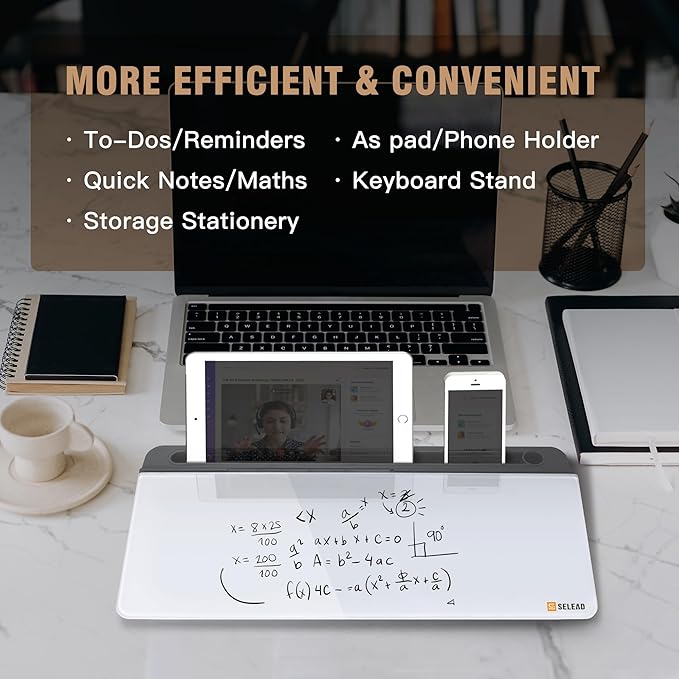 SELEAD Desktop Glass Whiteboard with Organizer, Markers, Eraser, Holder - Small Dry Erase White Board Computer Pad Keyboard Stand for Home, School, Office Desk Accessories - Grey