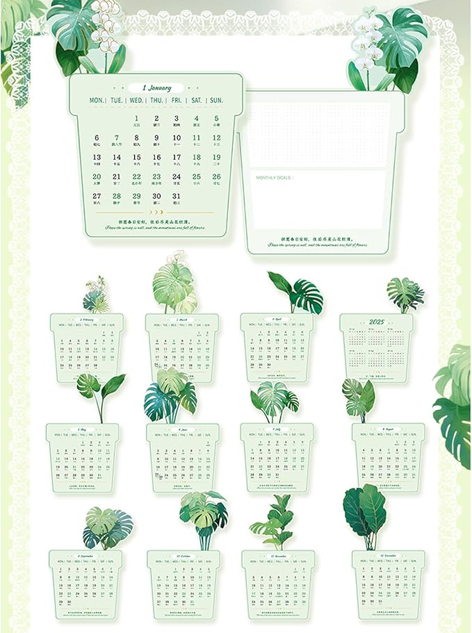 2025 Creative Desk Calendar Unique Flower Basket Shape Memo Notes Planner Calendar 8.5" x 6" - Monstera