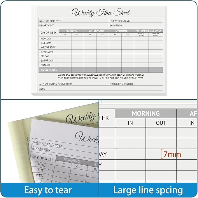 300 Sets Employee Weekly Time Sheets Weekly Format, 2 Part Carbonless, 5.5 x 8.5 Inch Daily Time Sheet Log Book (6 Pack)