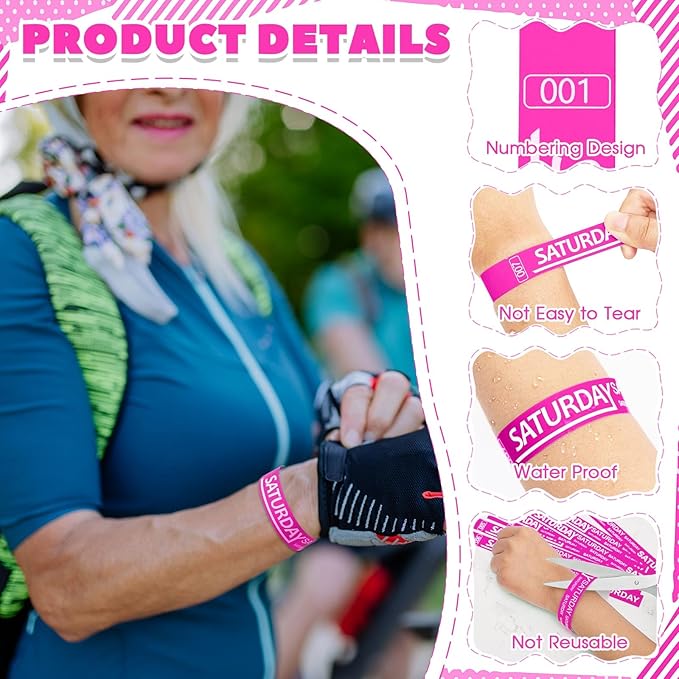 Henoyso 600 Pcs Saturday Paper Wristbands Event Wristbands Paper Bracelets Wristbands Numbered Waterproof Party Wristbands for Events Day of The Week(Rose Red)