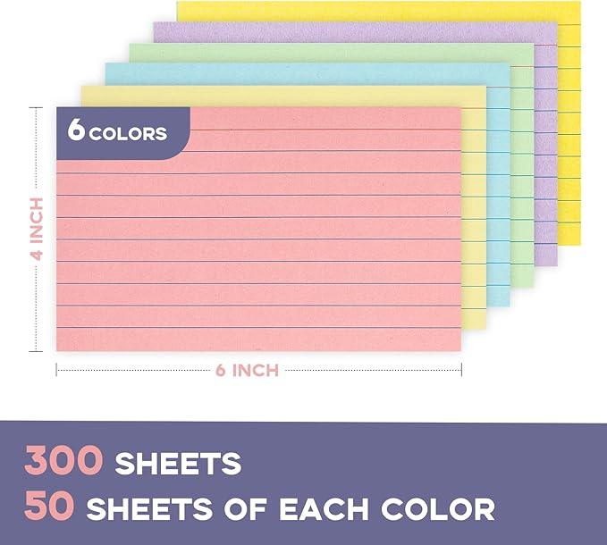 300PCS Colored Index Cards 4x6, Goefun Ruled Notecards, 6 Color Flashcards for Studying, Recipes, Memo Cards, Office Supply, DIY, Presentation