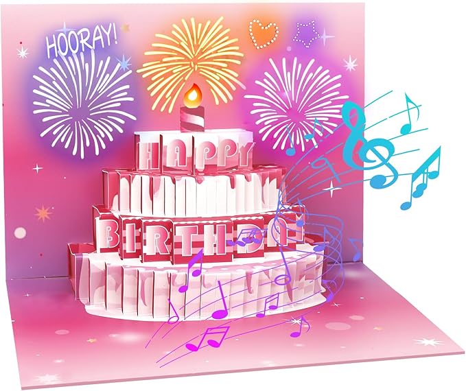 3D Pop-Up Firework Birthday Card with Lights & Music – Greeting Card for Women, Men, Kids Pink