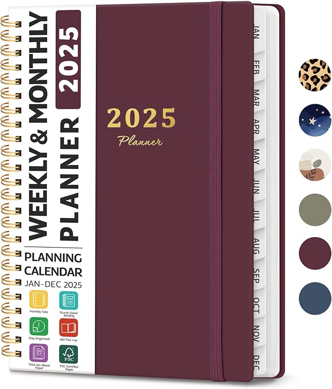 2025 Planner Weekly and Monthly, Jan 2025 - Dec 2025, Hardcover 2025 Calendar Planner Book with Monthly Tabs, Inner Pocket, Aesthetic Planner 2025 for Office Home School Planning - A5 (6.3" x 8.5"), Spiral Bound, Wine Red
