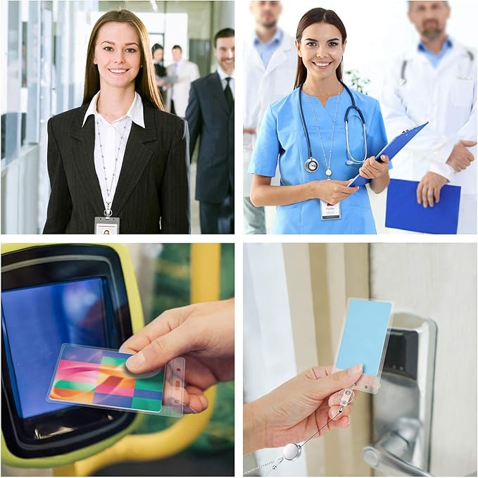 Retractable Badge Reel Lanyard with 2 Pieces ID Holder for Women, Vzrflee Fashion Beaded Chain Premium Stainless Steel Lanyard Necklace Water Resistant Name Badge Holder