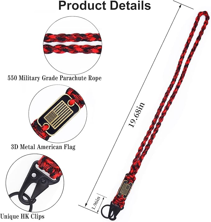 Heavy Duty Braided Paracord Lanyard Keychain with USA Flag, Parachute Rope Necklace Keychains, Braided Strong Lanyard with Metal HK Clip Key Ring for Outdoor Activities, Camera, Traveling