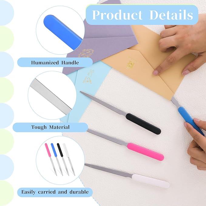 4 Pieces Letter Opener Lightweight Mail Slitters Letter Knives Stainless Steel Knife Tool Hand Convenient Colorful Envelope Opener Ergonomic Grip Staple Removal Tool for Office Home Supplies