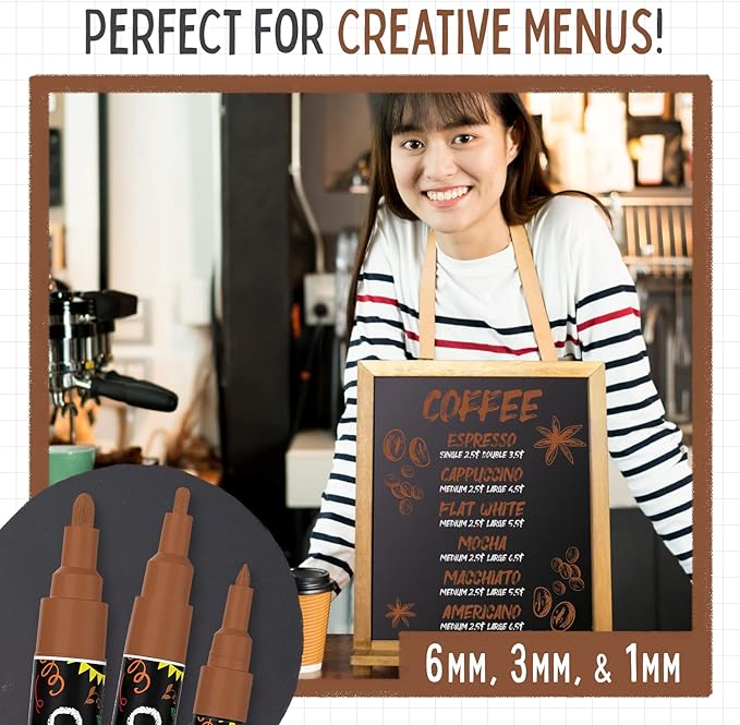 5 Brown Chalkboard Chalk Markers - Brown Dry Erase Markers for Blackboard, Chalkboard Signs, Windows, Glass | Variety Pack - Fine & Jumbo Size Ink Pen (1mm, 3mm, 6mm, 10mm, 15mm)