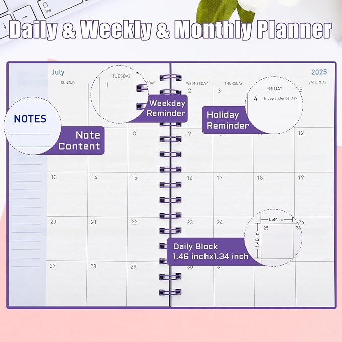 2025-2026 Weekly and Monthly Planner, 18 Month Calendar Planner Jan.2025 to Jun.2026 - Daily Planner 2025-2026, Work Planner for Women Men 5.7" x 8.2"- Dark Purple