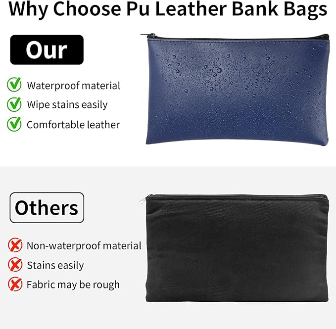 4 Pack Money Bags with Zipper, 11x6.1 Inch PU Leather Cash Pouch, Secure Bank Bag for Coins, Bills, Checks, Invoices, Cosmetics, Tools (Black)