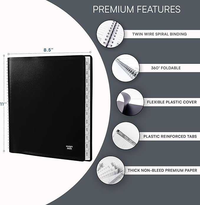 2025 Appointment Book & Planner- Ensight 8.5 x 11 inches, Large Tabbed Daily Hourly Weekly Planner, Calendar & Schedule Book 15-Minute time Slots, Business & Personal Planner Jan 2025- Dec 2025- Black