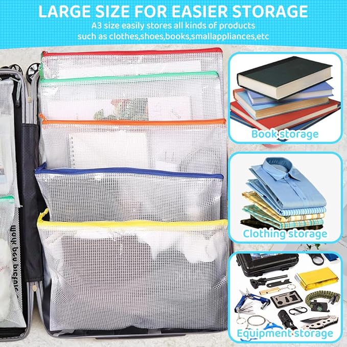 24pcs Mesh Zipper Pouch Bags, Large A3 17x12 Inches Reusable Zipper Bags Puzzle Storage 8 Colors Multipurpose for Board Games Travel Office Supplies and Home Organization