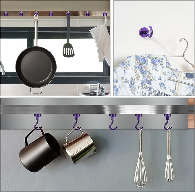 DIYMAG Magnetic Hooks Heavy Duty, 30Lbs Rare Earth Neodymium Magnet Hooks with Nickel Coating for Kitchen, Garage, Cruise, Classroom, Workplace and Office etc, (Purple，Pack of 3)