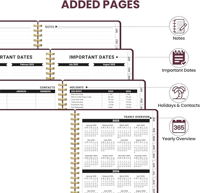2025 Planner Weekly and Monthly, Jan 2025 - Dec 2025, Hardcover 2025 Calendar Planner Book with Monthly Tabs, Inner Pocket, Aesthetic Planner 2025 for Office Home School Planning - A5 (6.3" x 8.5"), Spiral Bound, Wine Red