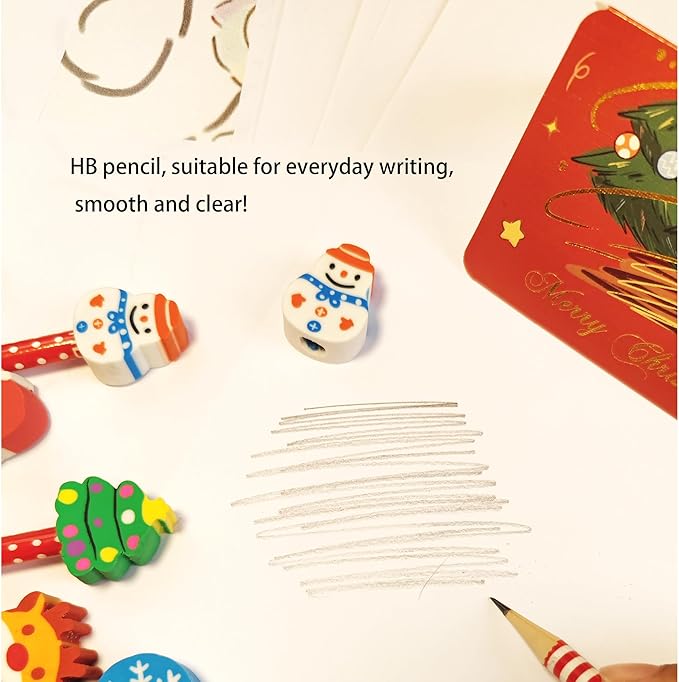 27PCS Pencils with Christmas Top Eraser for Kids,Pencils with Assorted Cartoon Color Stripe Erasers Topper for Kids School Supplies and Children Prize Gifts (27)