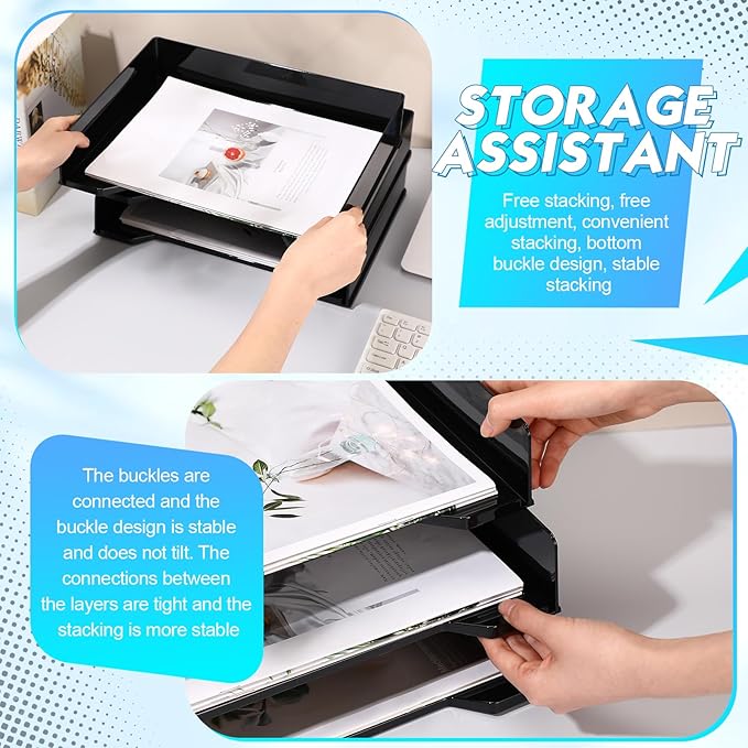 4 Pcs Stackable Letter Tray Rectangular Plastic Desk Organizer 13 x 9.5 x 2.6 in Paper Holder File Tray Accessories Rack for Desktop Office Desk Drawers (Black)