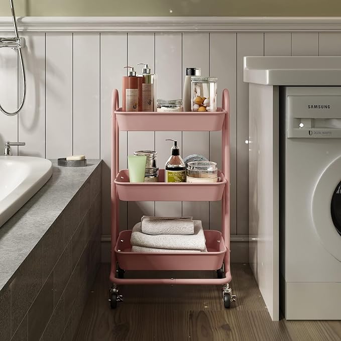 3-Tier Pink Utility Rolling Cart,Kitchen Storage Carts with Wheels,Pink Metal Rolling Cart for Office,Home,Kitchen,Garden（18"x11.4"x31.2"） Pink