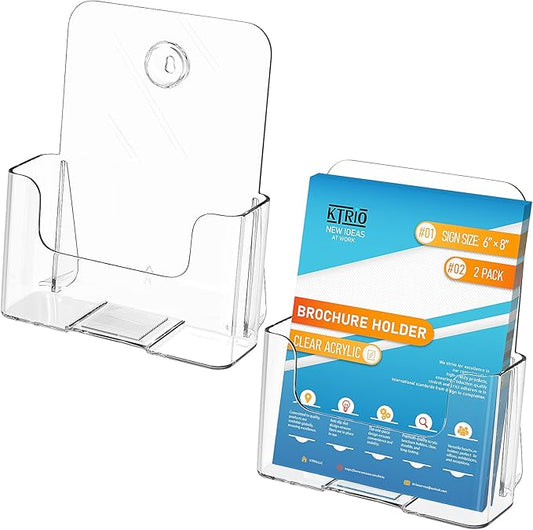KTRIO Brochure Holder 6 x 8 inch, Acrylic Flyer Holder Stand Display Clear Holders for Literature, Magazine, Pamphlet, Booklet, Menu, Desk or Wall Mount 2 Pack