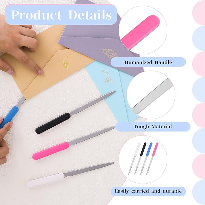 4Pcs Letter Opener Stainless Steel Envelope Openers Lightweight Hand Mail Slitters Metal Letter Knives Humanized Grip Handle Paper Cutting Knives for Office School Home Supplies