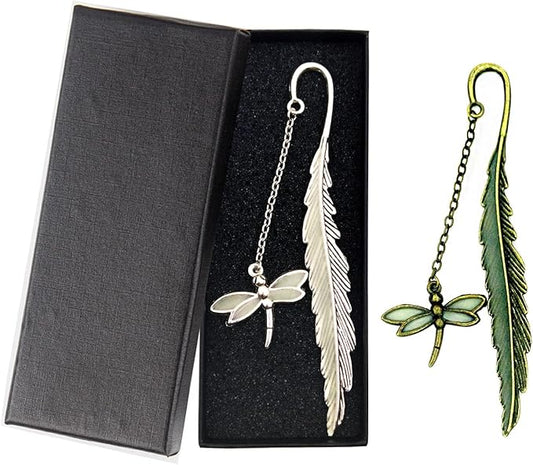 2 Pack Vintage Feather Metal Bookmark, Unique Glow in The Dark Bookmark Gift for Men Women (Dragonfly 2 Pack)