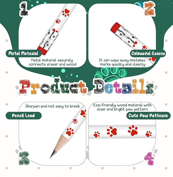 48 Pcs Paw Print Pencil 8 Color Pencils Party Favors for Kids Wooden Writing Novelty with Erasers Dog Party Favors Fun School Supplies and Reward Prizes