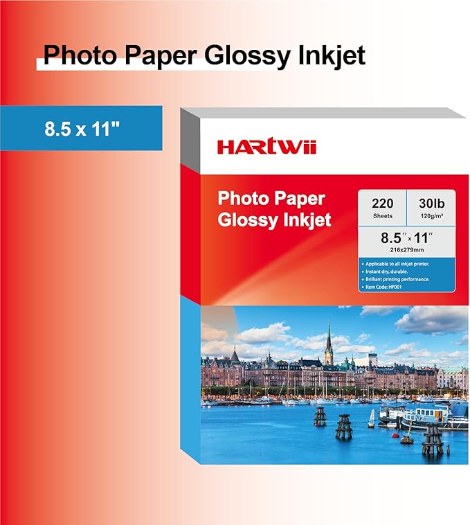 220 Sheets Inkjet Glossy Thin Paper 8.5x11 inch 30lb 120gsm A4 Letter Size For Brochure Printing, CustomChip Bag Party Favors,Single Side, Suitable for All Dye Ink HP001