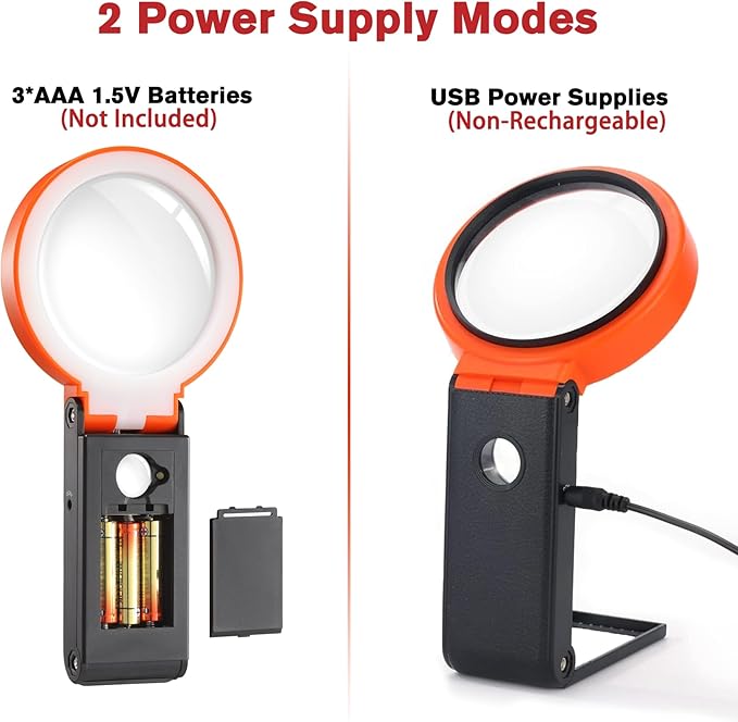 30X 40X Magnifying Glass with Light and Stand, Non-Rechargeable, Folding Design 32 LED Illuminated for Close Work, Handheld Large Glasses Reading, Powered by Battery or USB