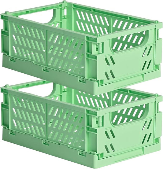 2-Pack Small Pastel Plastic Storage Baskets, Collapsible Crates for Organizing, Space-Saving Mini Bins for Classroom, Kitchen, Office, Bedroom (Green, 9.8" x 6.5" x 3.8")