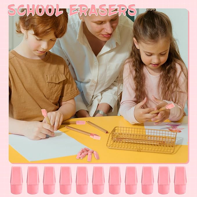 400PCS Pencil Top Eraser Bulk Caps for Pencils,Chisel Shape Erasers Toppers Assorted Colors for Party Favors Games Prizes, Pencil Top Erasers Cap for Home School Classroom Office, Pink
