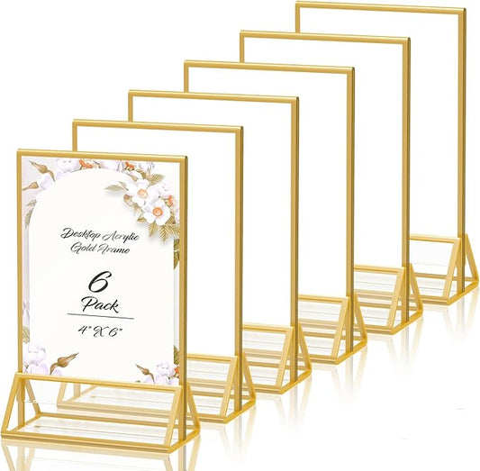 4X6 Gold Frames Double Sided Acrylic Sign Holder Tabletop Picture Frames Vertical Display Stand for Shop School Home Photos Wedding,Set of 6