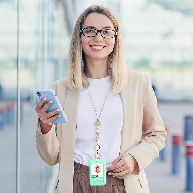 Colorful ID Badge Holder with Silicone Beads Lanyard Set,Cute Teacher Breakaway Lanyard for Keys & Keychain with Cute Retractable Badge Reel Holder,Gift for Women,Nurse, Teacher. (Green Daisy)