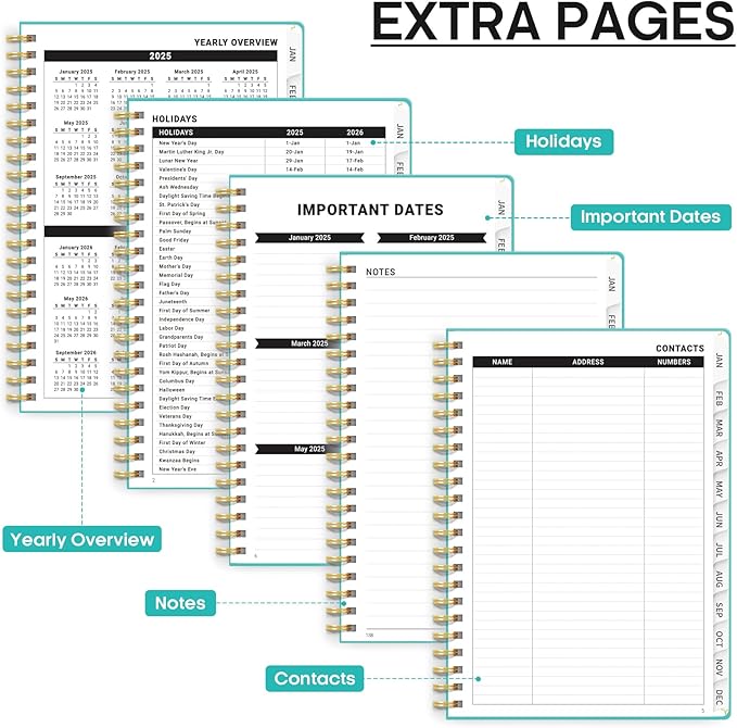2025 Planner - Weekly and Monthly Planner Spiral Bound, January 2025 - December 2025, Hardcover 2025 Calendar Planner Book with Tabs, Inner Pocket, Perfect for Office Home School Supplies - A5 (6.3" x 8.5"), Aquamarine