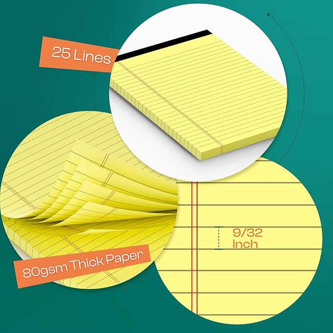12 Pack Note Pads 5x8 Inch Small Yellow Legal Pads 5x8 In 50 Sheets Notepad College Ruled Small Writing Pads Perforated Pages Paper Pads 80GSM Recycled Paper Notepads for Home, Office, or School
