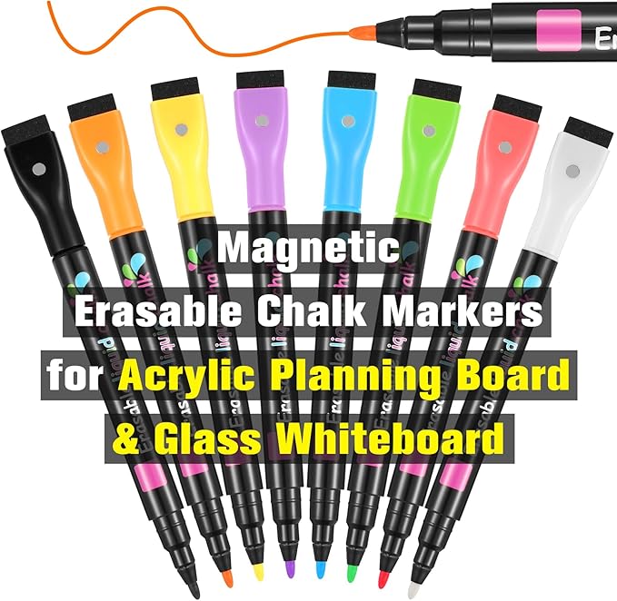 Magnetic Liquid Chalk Markers Wet Erase Markers for Acrylic Calendar Planning Board Clear Glass Writing Board Whiteboard Window/Mirror, 8 Pack, 8 Vibrant Color, 1mm Fine Tip