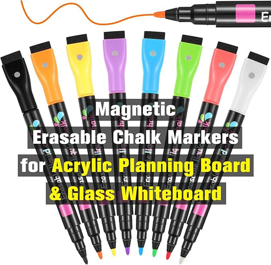 Magnetic Liquid Chalk Markers Wet Erase Markers for Acrylic Calendar Planning Board Clear Glass Writing Board Whiteboard Window/Mirror, 8 Pack, 8 Vibrant Color, 1mm Fine Tip