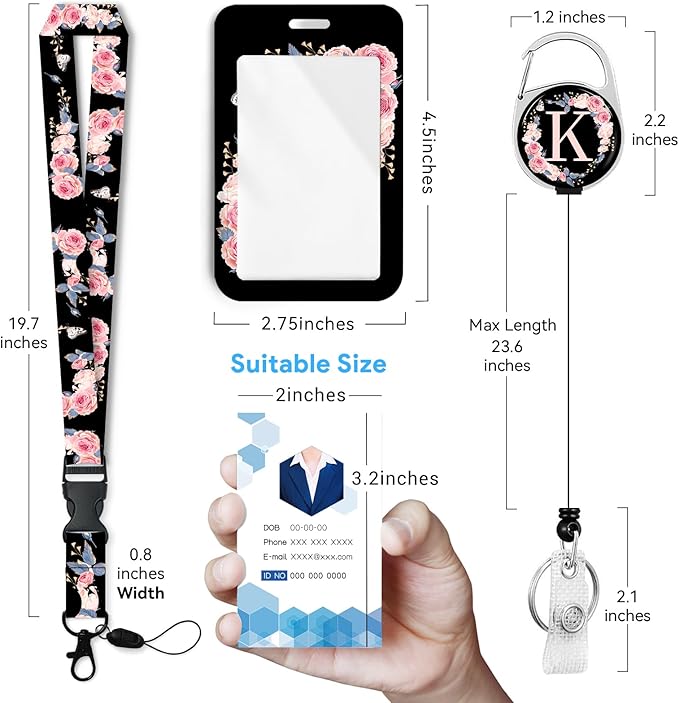 A-Z Badge Holder with Retractable Reel and Breakaway Lanyard Badge Clips Retractable Heavy Duty Badge Reel，Keychain，ID Holder with Breakaway Lanyard for School Nurse Office Teen K