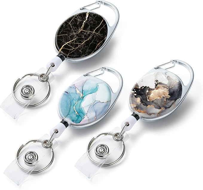 3 Pack Badge Reels - Double Sided Color Print Pattern Retractable Badge Holders with Retractable Keychain and Badge Clip, Durable Nylon Rope