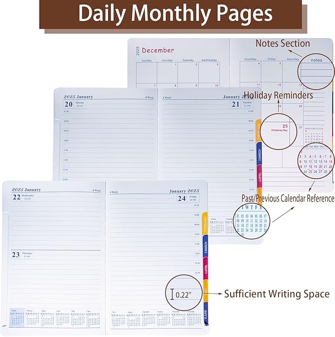 2025 Daily Monthly Planner - Calendar, January - December 2025, 100GSM Thick Paper, Leather Cover, Planner with Hourly Schedule,6.1" x 8.2", Daily Inside Page - Monthly Inside Page, Pen Holder, Bookmarks (Brown)