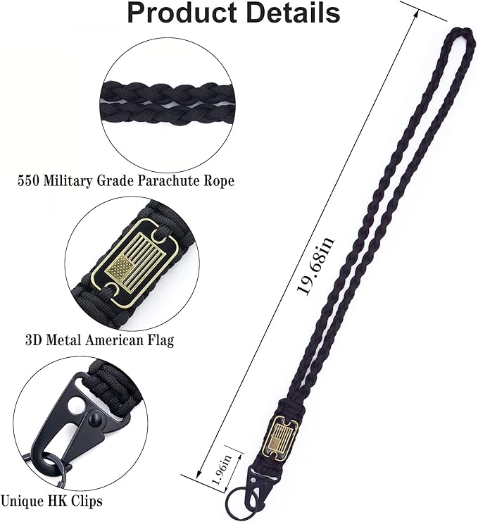 2 Pcs Heavy Duty Braided Paracord Lanyard Keychain with USA Flag, Parachute Rope Necklace Keychains, Braided Strong Lanyard with Metal HK Clip Key Ring for Outdoor Activities, Camera, Traveling