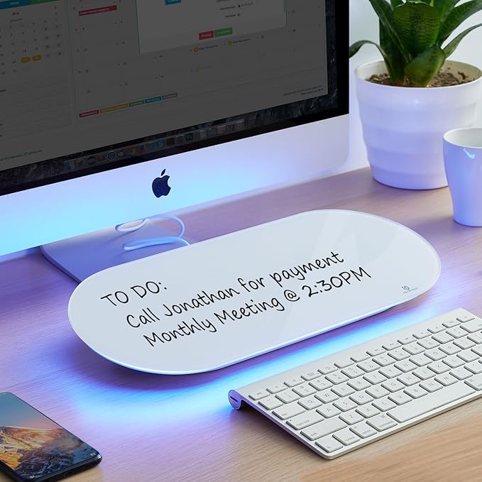 TSJ OFFICE Glass Desktop Whiteboard - 17 X 7 Inches Small Dry Erase Board with Blue Light, Glass White Board Surface Notepad with 1 Drawer, Desk Organizers for Office, Home, School Supplies