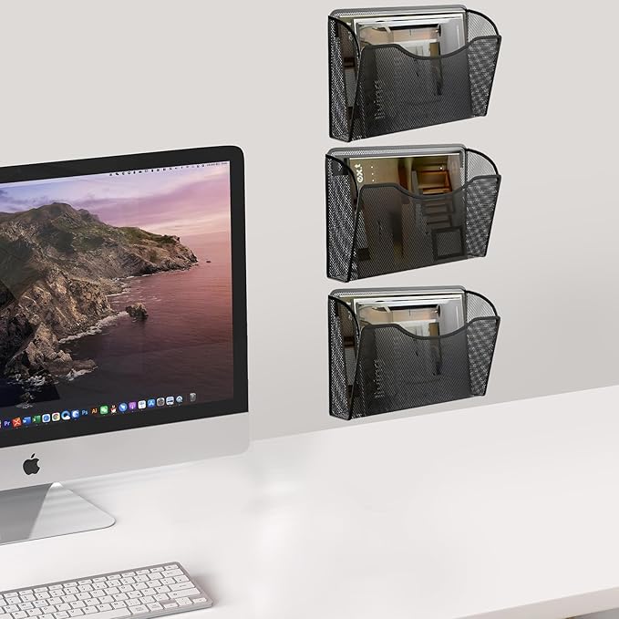 3 Pack Wall File Organizer, Mesh Hanging Metal Vertical Wall Mounted File Holder for Office/Home